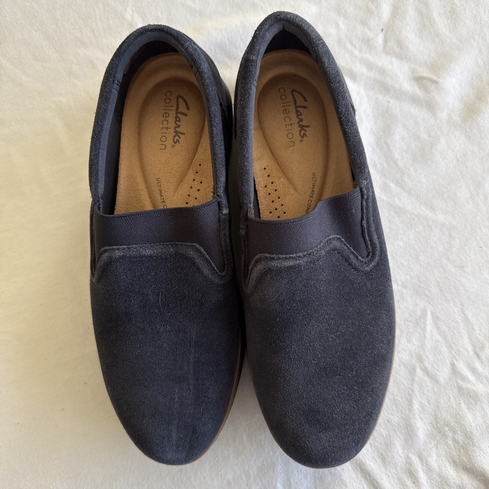Clarks Zylah Sky Womens Slip On Shoes Size 8.5 Blue Suede Wedge Loafers